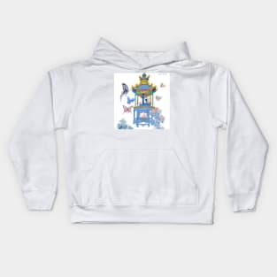 Blue pagoda and butterflies watercolor painting Kids Hoodie